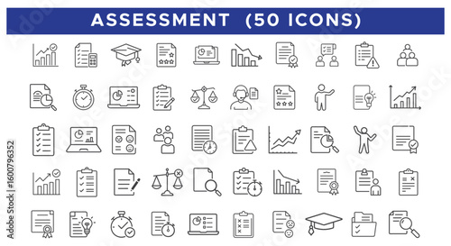 Assessment Icon Set – 50 Editable Line Icons for Evaluation and Education

