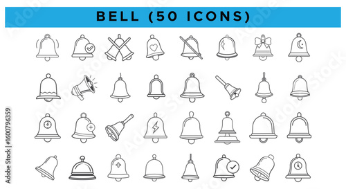 Bell Icon Set – 50 Minimal Line Icons for Notifications, Alerts, and Sounds

