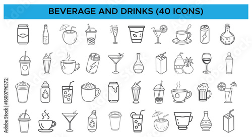 Beverage and Drink Icon Set – 40 Line Art Vector Icons for Menu, Cafe, and Packaging

