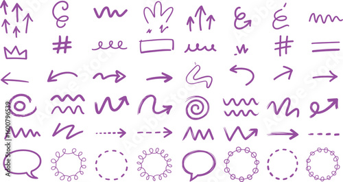 Purple hand drawn arrows lines symbols and shapes collection vector