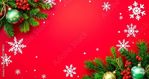 Red Christmas background with decorated tree and festive ornaments