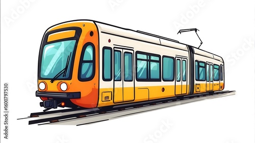 Modern Orange and White Tram on Tracks, Stylized Illustration