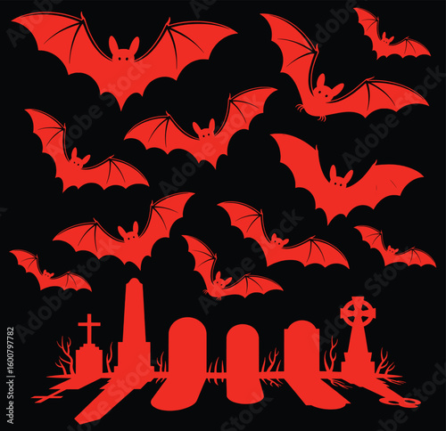 Red bats flying over spooky graveyard with tombstones and celtic cross vector