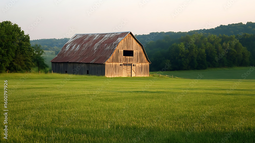 Obraz premium An old barn made of weathered wood set in a green field 