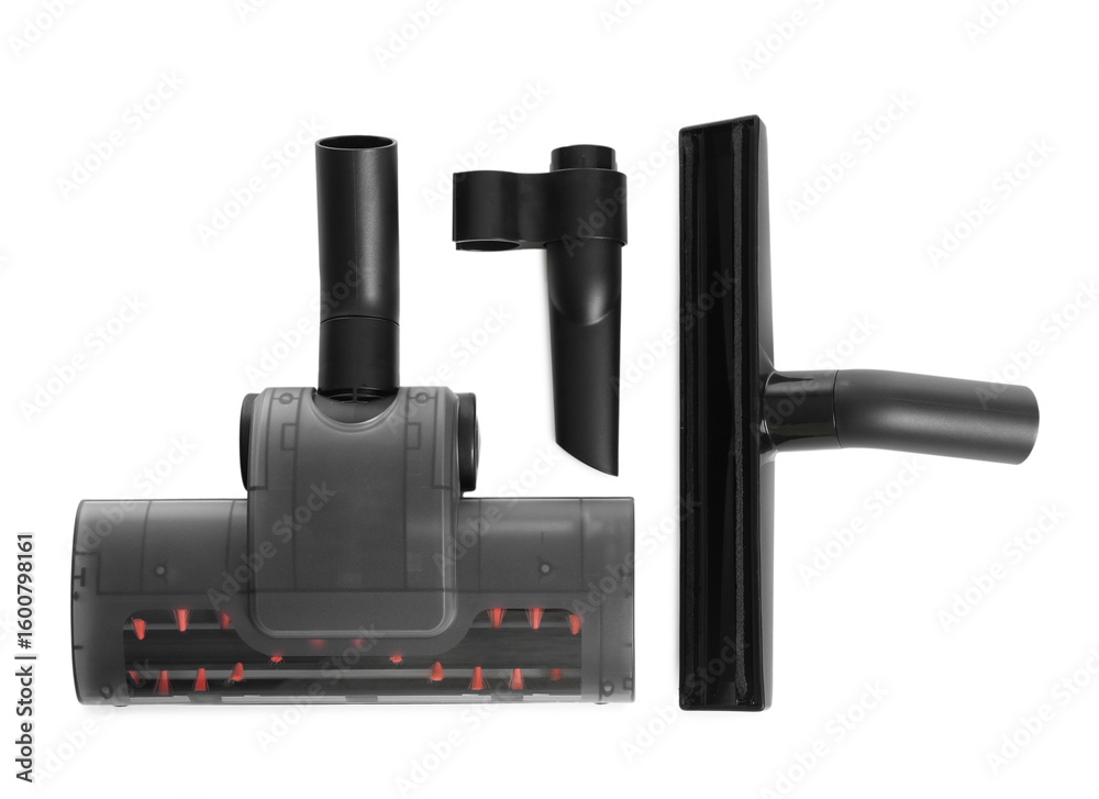 Fototapeta premium Vacuum cleaner parts on white background, top view