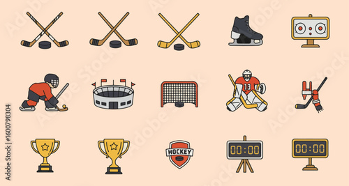 Hockey sports icon pack, hockey equipment icon set, skates, sticks, pucks, and goals
