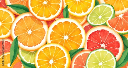 Seamless vector pattern of vibrant citrus fruit slices including lemon, orange, and lime, perfect for a fresh food background