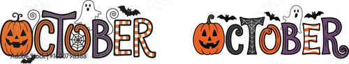 Halloween October text headers. Decorative autumn holiday typography set with cute pumpkin, ghost, and bat illustrations. Spooky graphic design elements.
