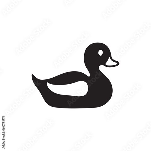Simple black silhouette of a cute duck with a white eye and beak on a white background