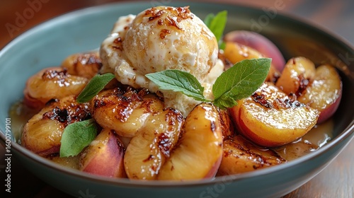 Grilled Juicy Peaches with Honey Drizzle and Ice Cream Delight