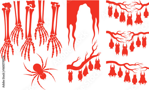 Red skeleton hands hanging bats and spider vector set silhouette collection