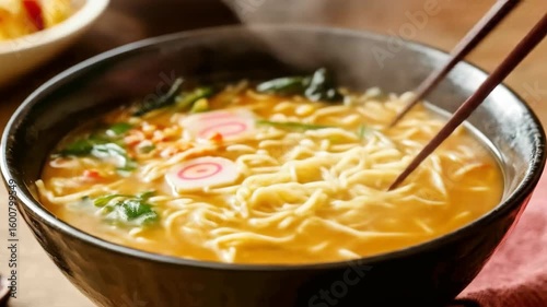 Steaming bowl of ramen noodles with chopsticks lifting noodles in a traditional black bowl