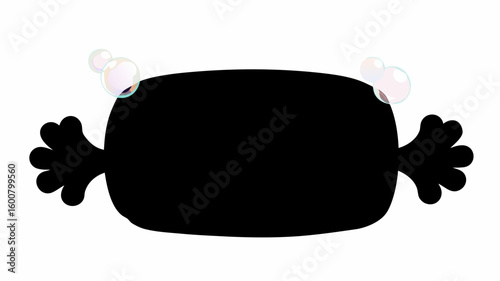 Illustration of a black soap bar with bubbles on top and hand shaped edges on a white background