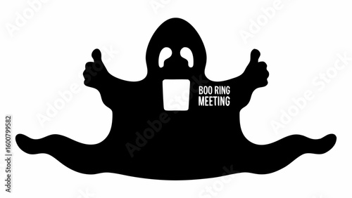 A stylized black ghost with thumbs up and text boo ring meeting on a white background illustration