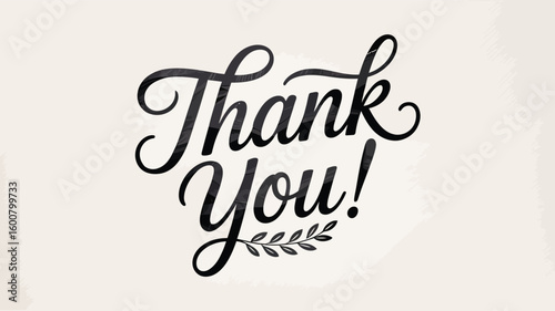 Elegant “Thank You” Text Illustration — Cursive Script with Leaf Motif on Light Beige Background Representing Gratitude and Sophisticated Warmth