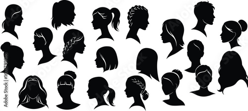 Extensive collection of diverse human head silhouettes showcasing various hairstyles for men and women, illustrating variety, identity, and personal style.