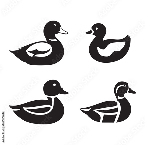 Four black silhouette duck illustrations with white accents on a white background