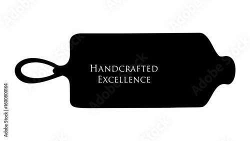 Illustration of a black tag with rounded corners and a loop handle featuring the words handcrafted excellence
