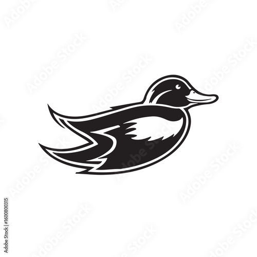 Stylized black and white silhouette of a duck in flight against a white background