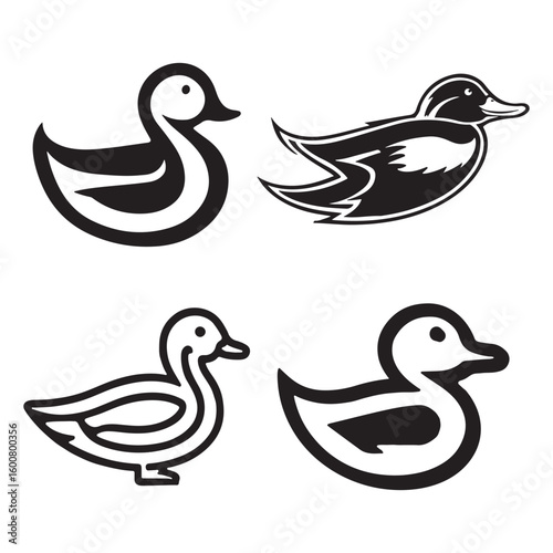 Four stylized black and white illustrations of ducks in different poses and styles