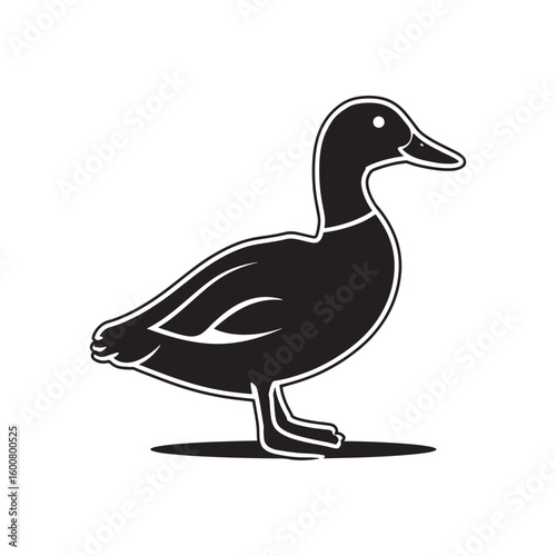 Stylized black silhouette of a duck standing on a white background with subtle texture