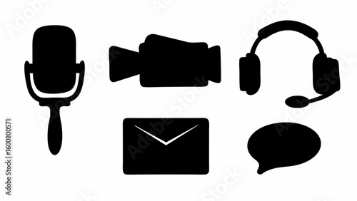 Black silhouettes of microphone camera headphones email and speech bubble on white background exactly