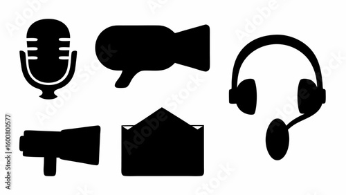Illustration showing microphone, speech bubble, headphones, megaphone and envelope icons in black
