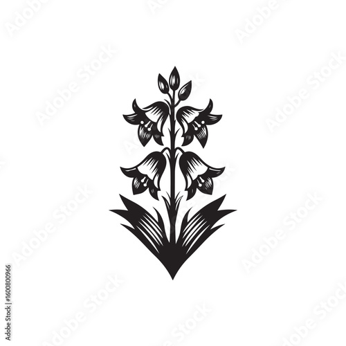Elegant black and white illustration of a stylized foxglove flower with delicate bell shaped blooms and leaves