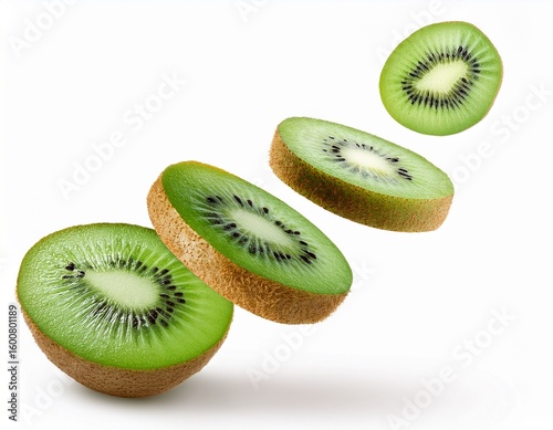 kiwi slices falling falling isolated on white background