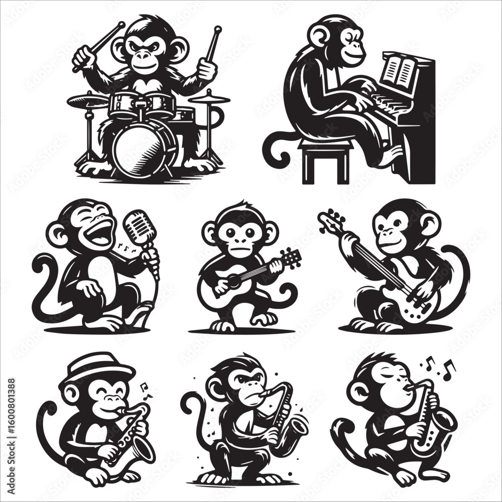 Obraz premium Set of Monkeys Playing Musical Instruments