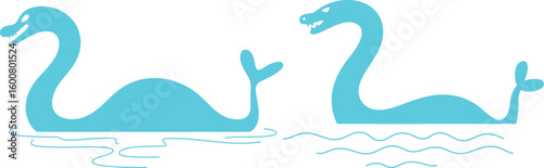 Two blue sea monsters with long necks and fins in water creature