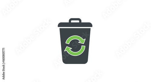 Recycling bin icon with green recycle symbol on black trash can design