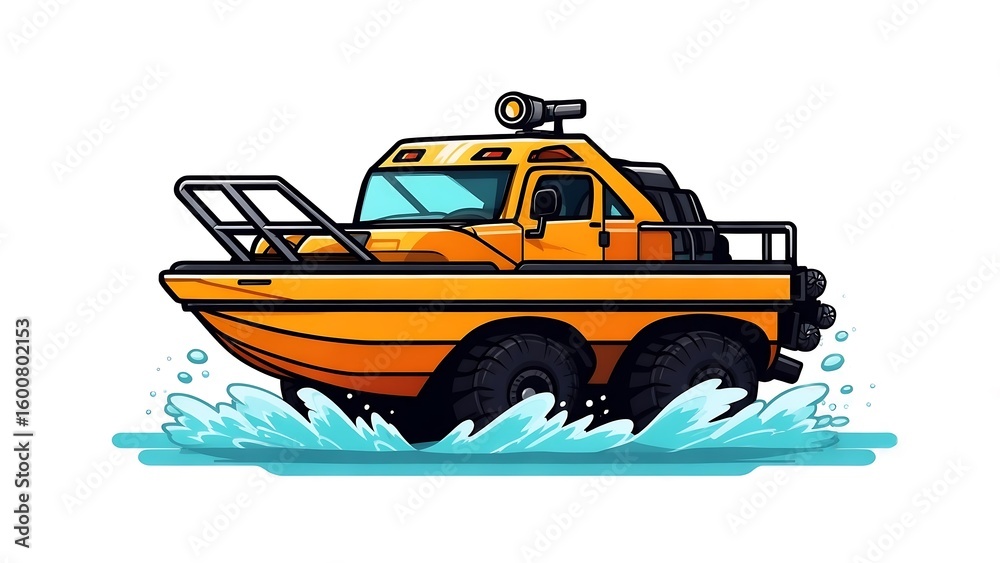 Fototapeta premium Cartoon Orange Amphibious Vehicle Driving Through Water Splashes