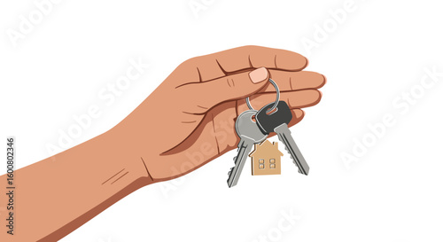 Hand holding house keys real estate concept with keychain illustration on white background