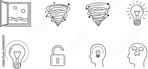 Minimalist outline set: tornado, light bulb, open window, and lock