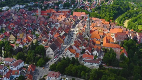 Aerial view around the old town of the city Rottweil in Germany on a sunny summer day
