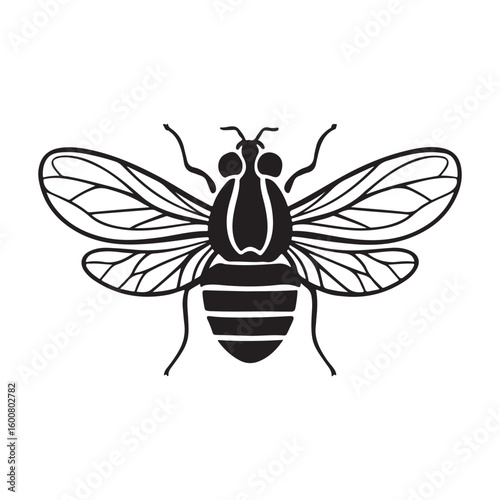 Stylized black and white illustration of a detailed bee with outstretched wings and striped body