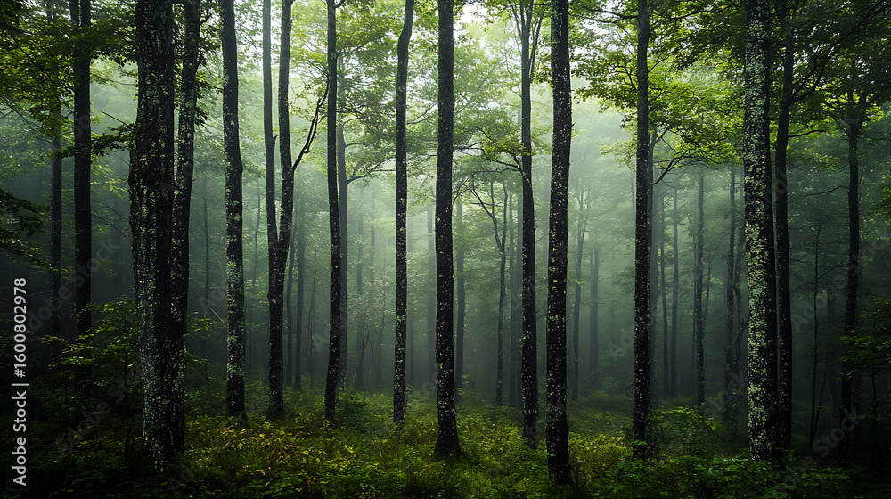 Fototapeta premium An image of trees halfway through their life, standing tall in the quiet of the forest 