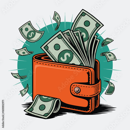 Orange wallet overflowing with flying green banknotes money cash
