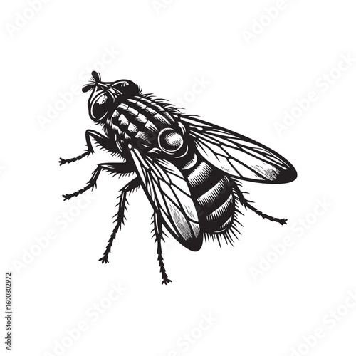 Detailed black and white illustration of a common housefly insect with intricate wing and body details