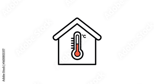 Home temperature monitoring icon with thermometer and celsius in minimalist line art