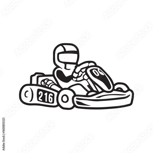 Stylized black and white illustration of a go kart racer in action on a white background