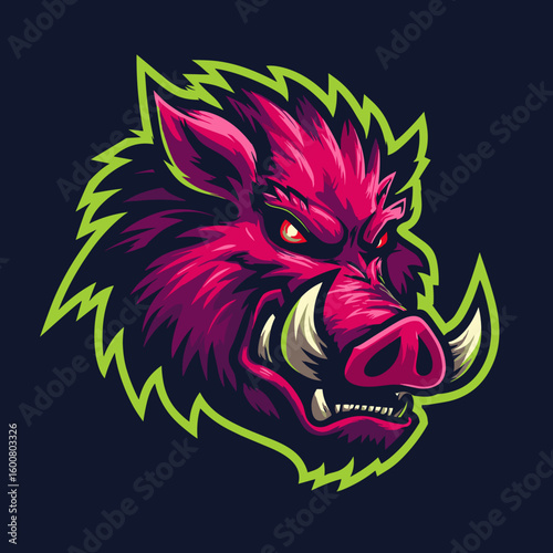 Wild boar head illustration with vibrant colors showcasing fierce expression and sharp tusks in a modern graphic style