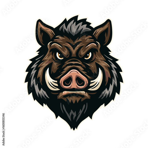 Powerful boar head illustration with intense expression and bold design elements