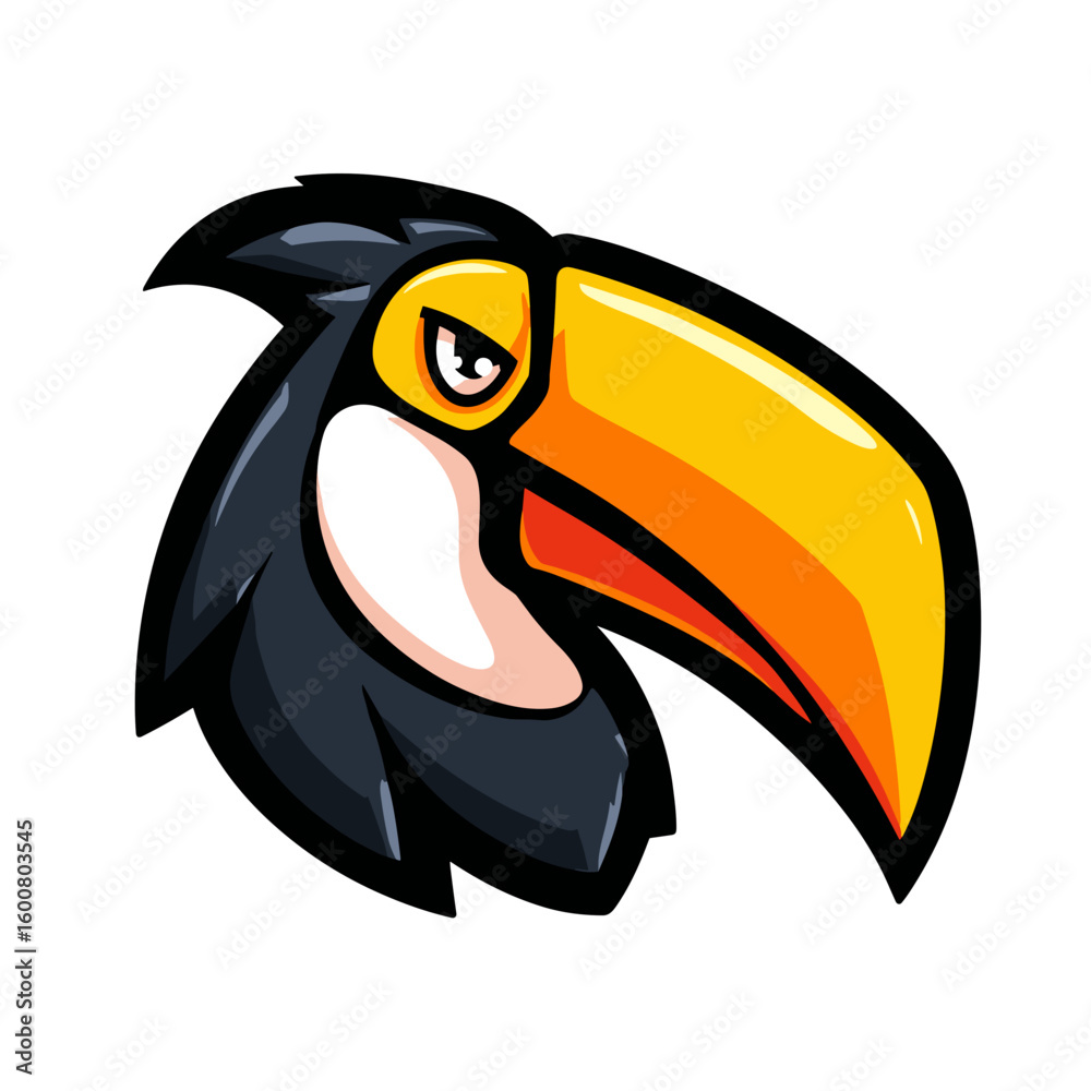 Naklejka premium Colorful toucan illustration featuring vibrant beak and detailed feathers in a cartoon style