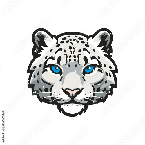 Snow leopard head illustration with striking blue eyes and detailed features