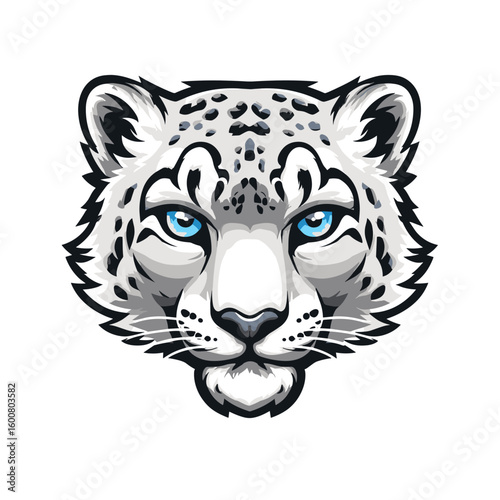 Snow leopard head with striking blue eyes against a white and black background showcasing detailed features and fierce expression