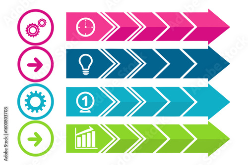 Four colorful horizontal infographic arrows with icons representing process steps and progress