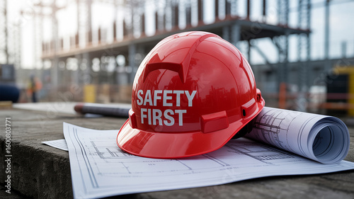 Red safety helmet with white text safety first rests on blueprints at construction site hardhat