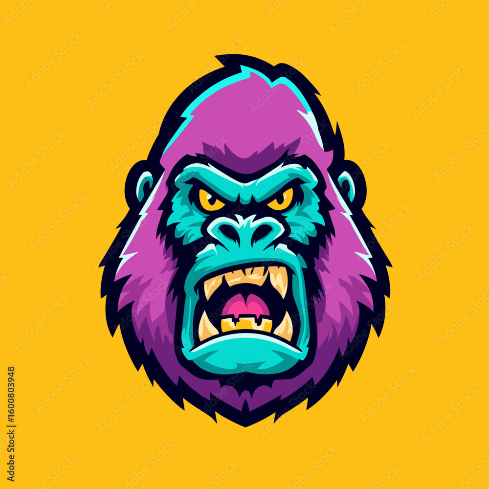 Fototapeta premium Colorful gorilla head illustration with fierce expression and vibrant background ideal for graphic design projects or merchandise